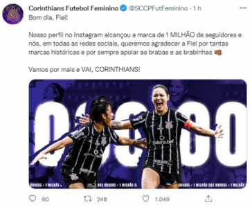 Corinthians comemora marca de um milho de seguidores no Instagram