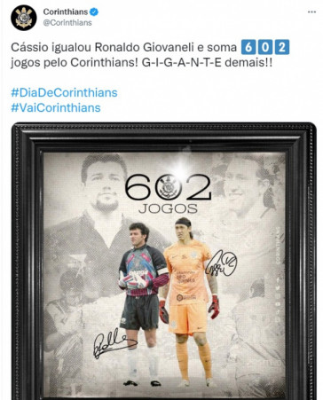 Corinthians fez uma arte em seu Twitter celebrando a marca compartilhada entre os dolos