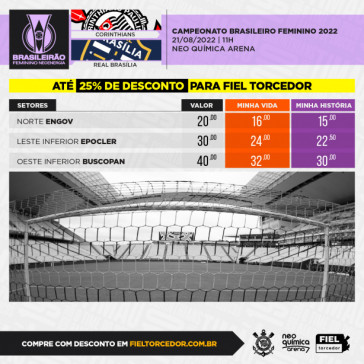 Valores dos ingressos para o duelo entre Corinthians x Real Braslia, pelo Brasileiro Feminino