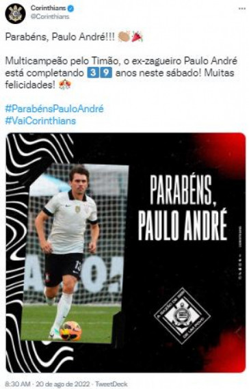 Corinthians parabeniza ex-zagueiro Paulo Andr por aniversrio
