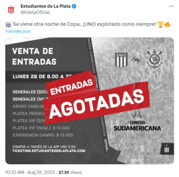 Estudiantes confirmando que todos os ingressos para o jogo contra o Corinthians foram vendidos