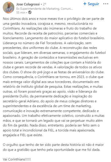 Postagem de Jos Colagrossi se despedindo do Corinthians