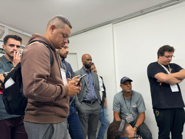 Fabinho Soldado, novo executivo de futebol do Corinthians, na sala de imprensa do Primeiro de Maio