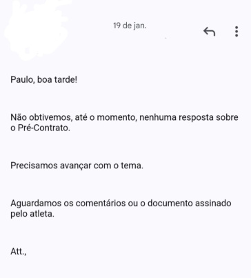 E-mail enviado no dia 19 de janeiro pelo Corinthians