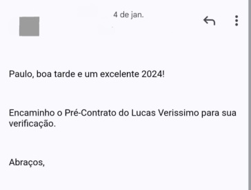 E-mail enviado no dia 4 de janeiro pelo Corinthians