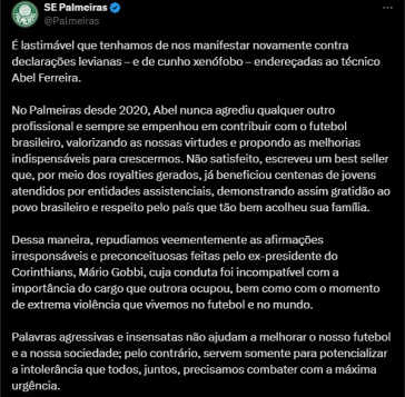 Aps fala de Mrio Gobbi, o Palmeiras divulgou nota em suas redes