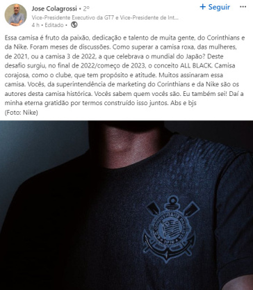 Post de Jos Colagrossi sobre a nova camisa