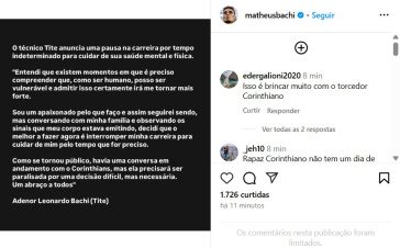 Postagem de Tite sobre a pausa na carreira