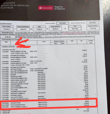 Gastos da fatura de dezembro de 2020 na gestão de Andrés Sanchez