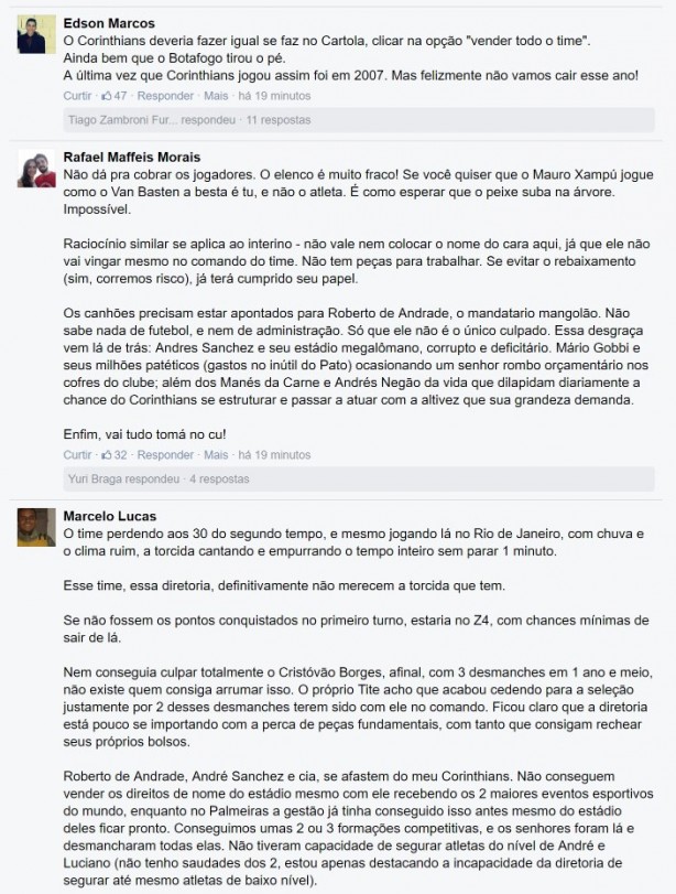 Mais reclamações de corinthianos no Facebook