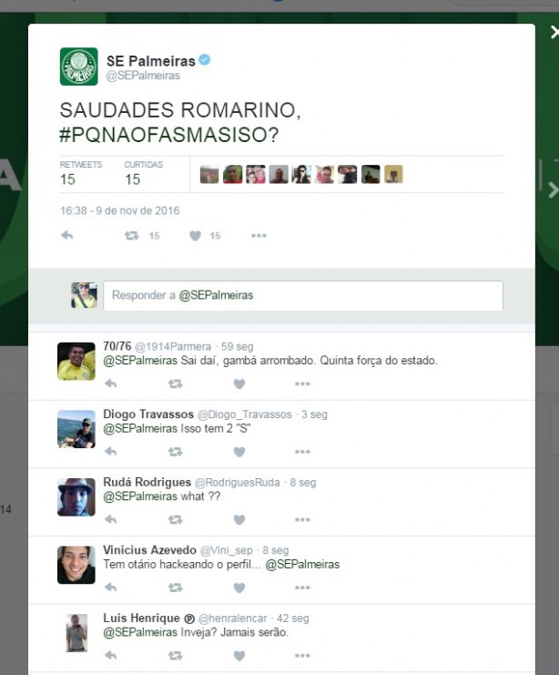 Twitter do Palmeiras é hackeado com piadas contra o clube