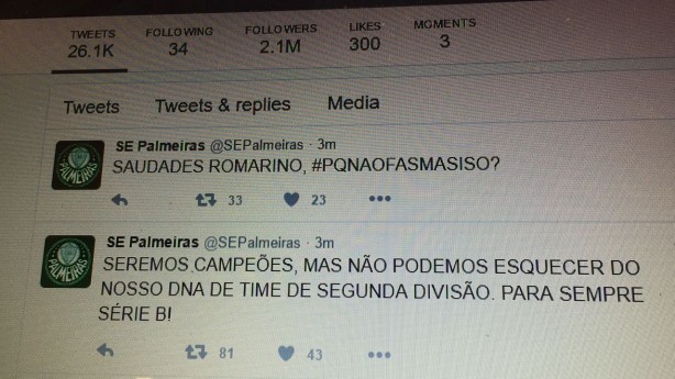 Twitter do Palmeiras é hackeado com piadas contra o clube