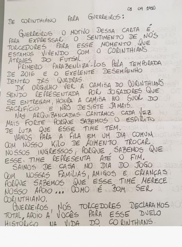 Gaviões redigiu carta ao time de futsal