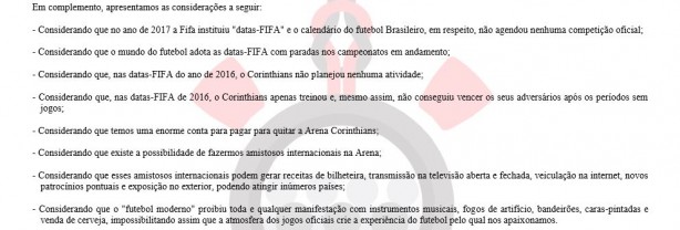 Trecho da carta enviada pelo Resgata Corinthians