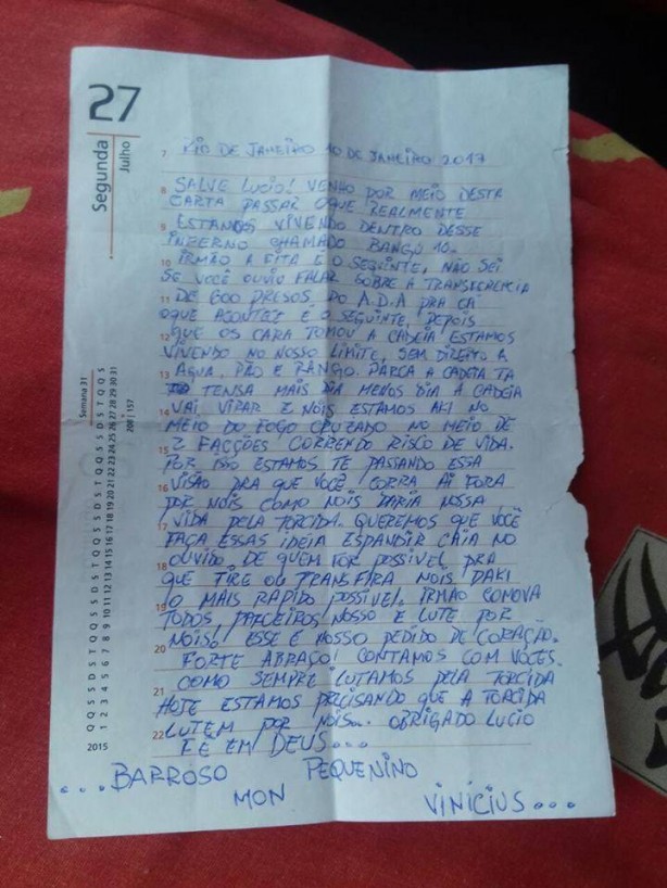 Carta enviada pelo torcedores