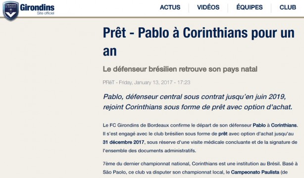 Pablo ao Corinthians por um ano, confirma site oficial do Bordeaux