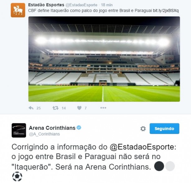 Jornal foi corrigido pelo Corinthians no Twitter