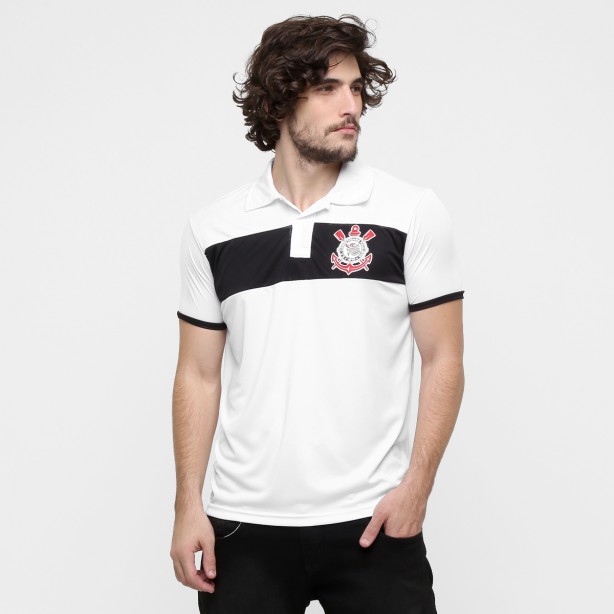 Camisa Polo Corinthians Basic - Branco e Preto