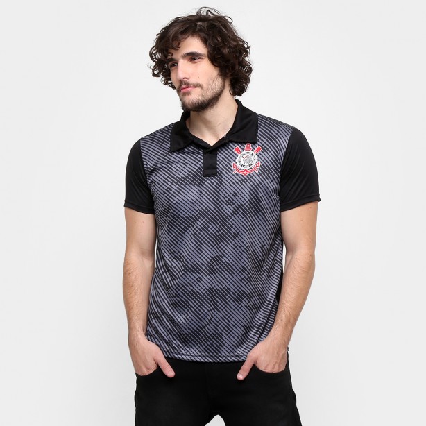 Camisa Polo Corinthians Basic Camuflagem Sublimada - Preto