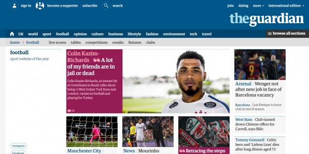 Kazim foi destaque na seção de futebol do The Guardian