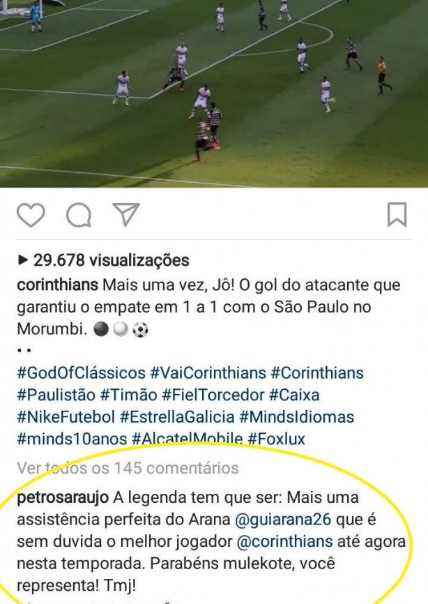 Comentário de Petros elogiando Arana