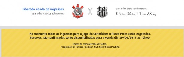 Carga total de ingressos destinada à Fiel foi adquirida nesta quinta-feira