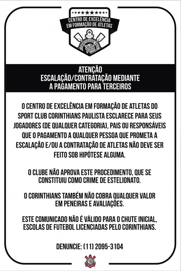 Comunicado feito pelo clube sobre pagamentos irregulares na base