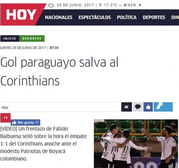 Diário Hoy lembrou que Balbuena salvou o Corinthians