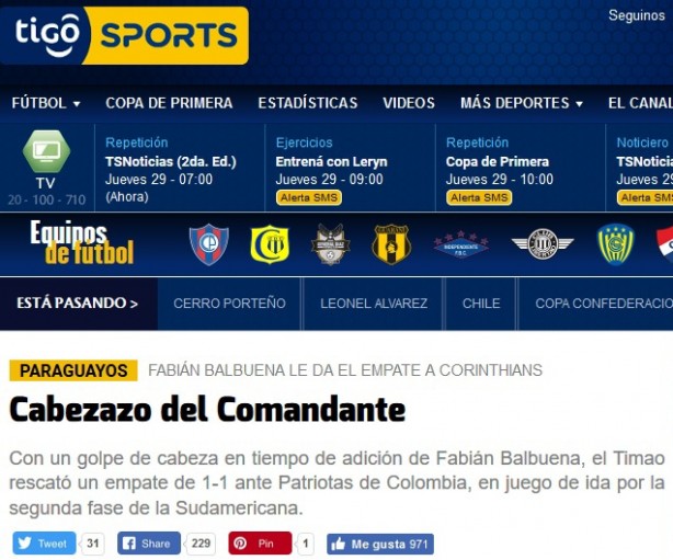 Site esportivo Tigô Sports lembrou o apelido de Balbuena