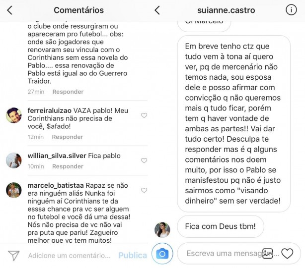 Mulher de Pablo respondeu críticas de torcedor ao marido