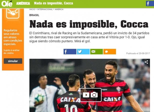 Derrota do Corinthians foi destaque no portal argentino