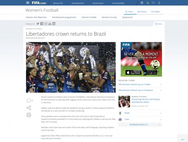 Garotas do Corinthians em destaque no site da Fifa