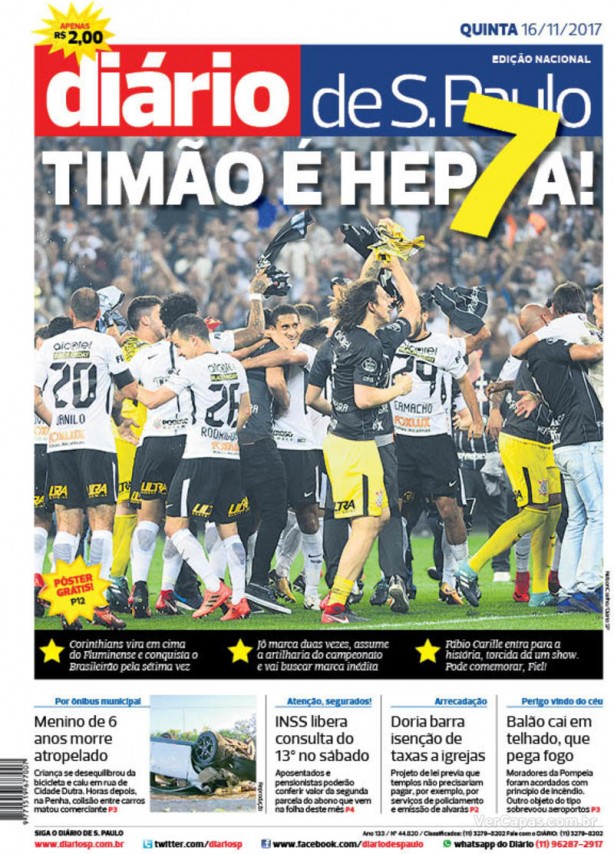 Diário de SP enalteceu o hepta e com foto da comemoração