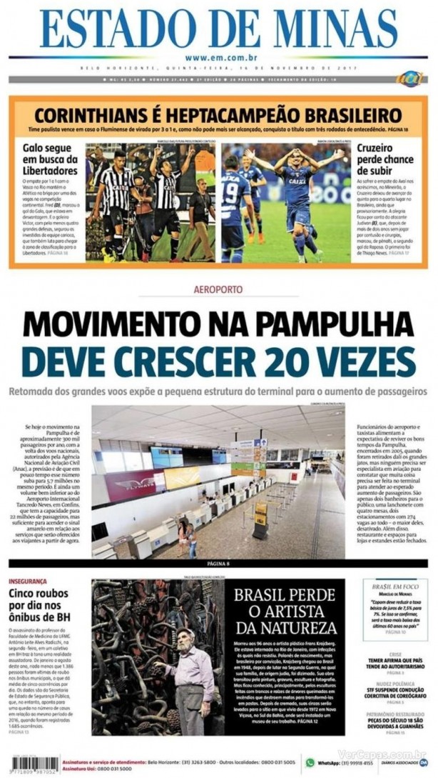 Estado de Minas com o Corinthians na manchete principal de esporte