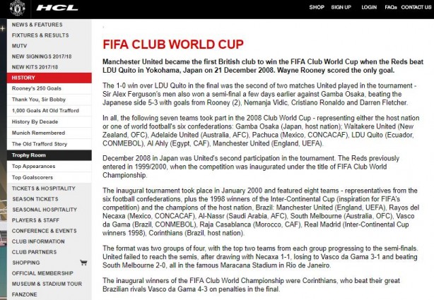 Site do Manchester United destaca Corinthians