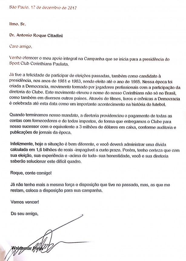 Carta de Waldemar Pires em apoio a Citadini