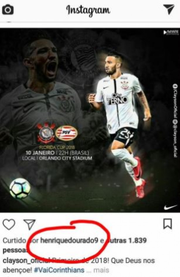 Henrique Dourado curtiu foto publicada pelo corinthiano Clayson