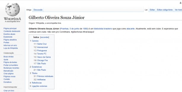 Torcedores editaram perfil de Gilberto na Wikipédia