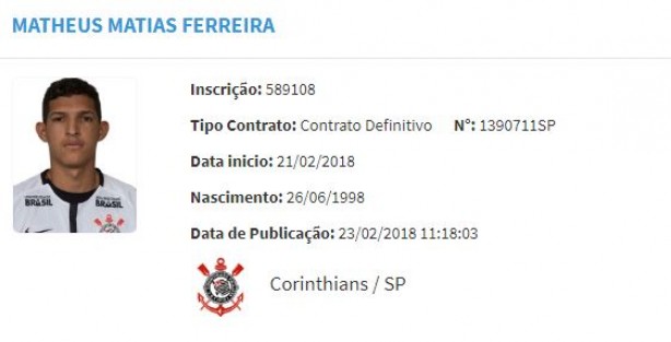 Matheus Matias est liberado para atuar pelo Corinthians