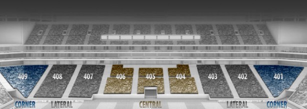 Em destaque, o setor Oeste Inferior da Arena (central, lateral e córner)