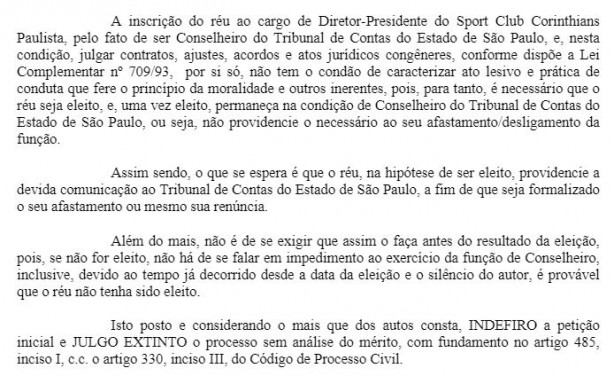 Trecho da decisão judicial sobre o processo que tinha Citadini como réu