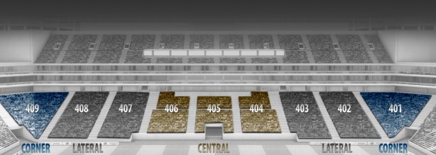 Em destaque, o setor Oeste Inferior da Arena (central, lateral e córner)