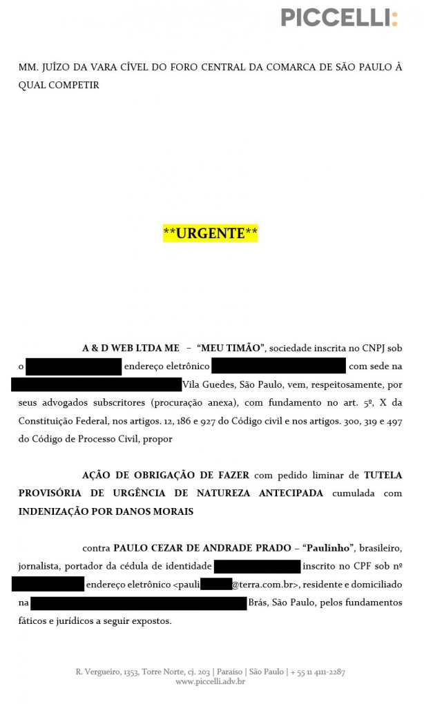 Ação do Meu Timão contra Blog do Paulinho