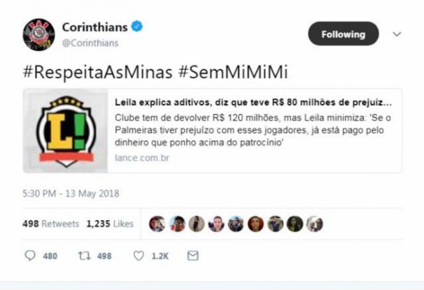 Timão ironiza própria campanha feminista, é criticado por corinthianos e exclui tweet