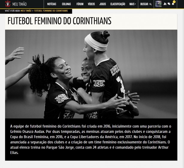 Página do futebol feminino do Corinthians