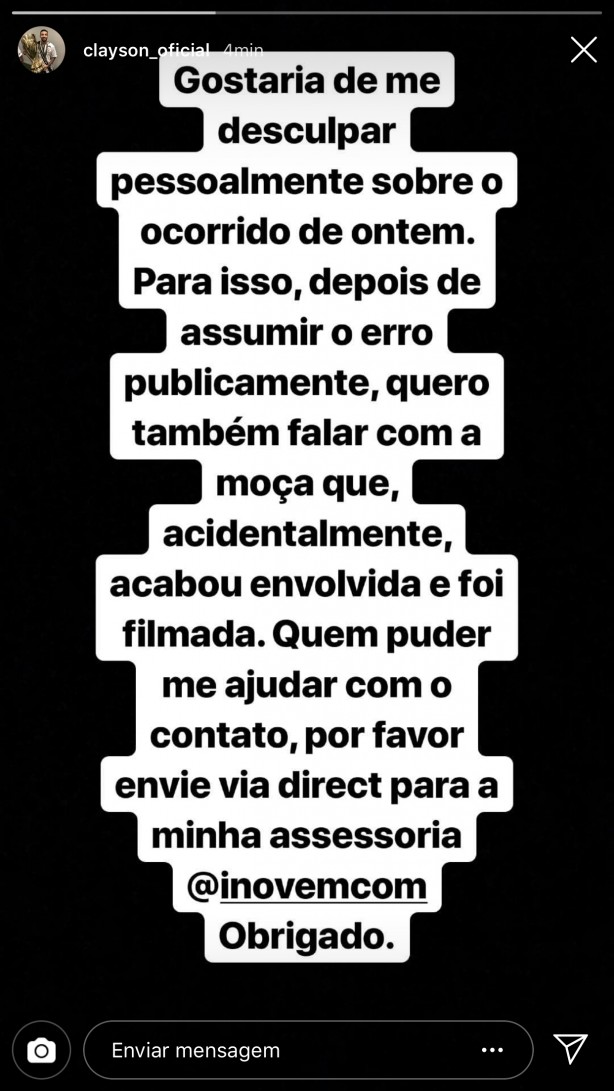 Pedido de desculpa de Clayson no Instagram