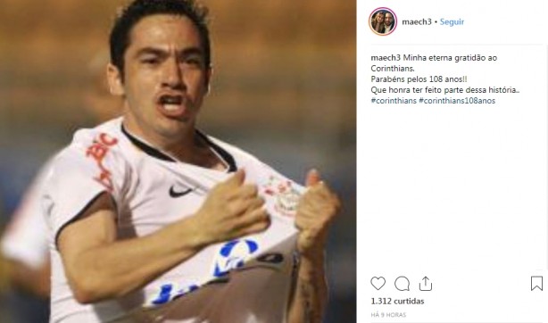Chicão postou mensagem de parabéns para o Corinthians