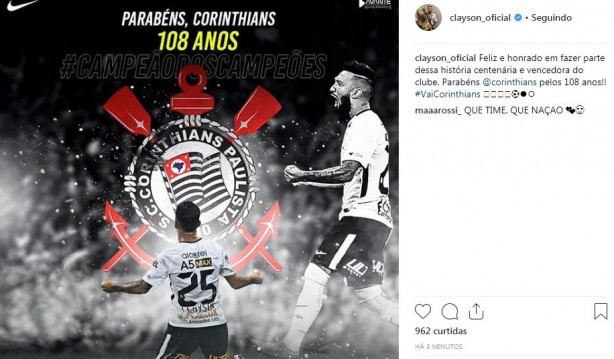 Clayson publicou mensagem de gratido ao Corinthians