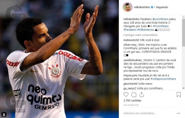 Dentinho e seus parabéns para o Corinthians no Instagram