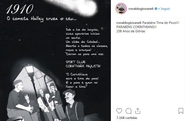 Giovanelli publicou mensagem de parabéns para o Corinthians
